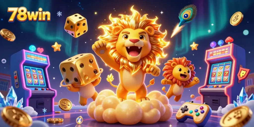 Experience 78win's vibrant gaming world with a roaring lion on golden clouds amidst dynamic casino symbols.