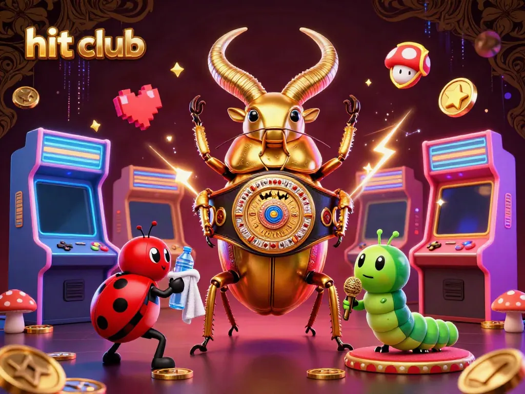 Experience the excitement of hit club in a vibrant casino scene featuring a golden stag beetle, dynamic game elements, and neon effects.