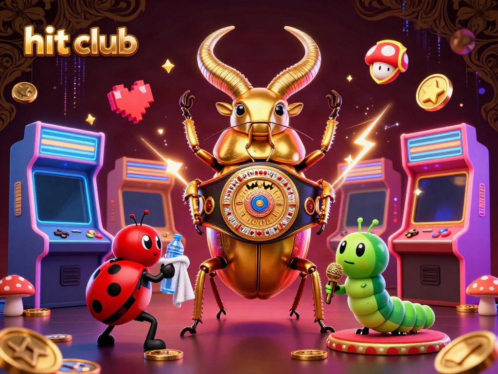 Experience the excitement of hit club in a vibrant casino scene featuring a golden stag beetle, dynamic game elements, and neon effects.