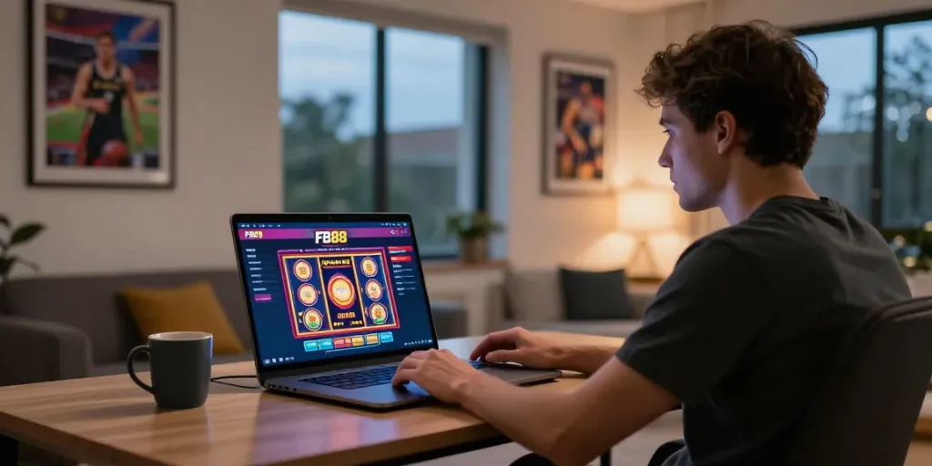 Engaged user exploring FB88 online casino games in a cozy modern home.