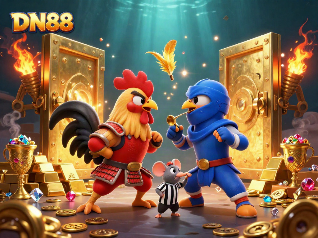 Witness an epic showdown of DN88's fighting roosters, skillfully poised in an exhilarating battle amidst a treasure-filled backdrop.