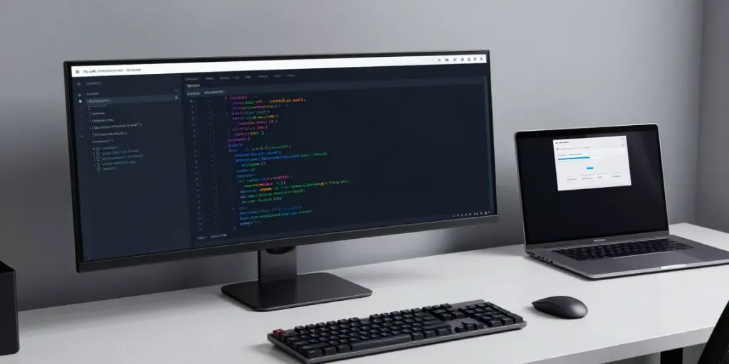 Register .co.uk domain in a modern developer workspace setup showcasing software development tools.