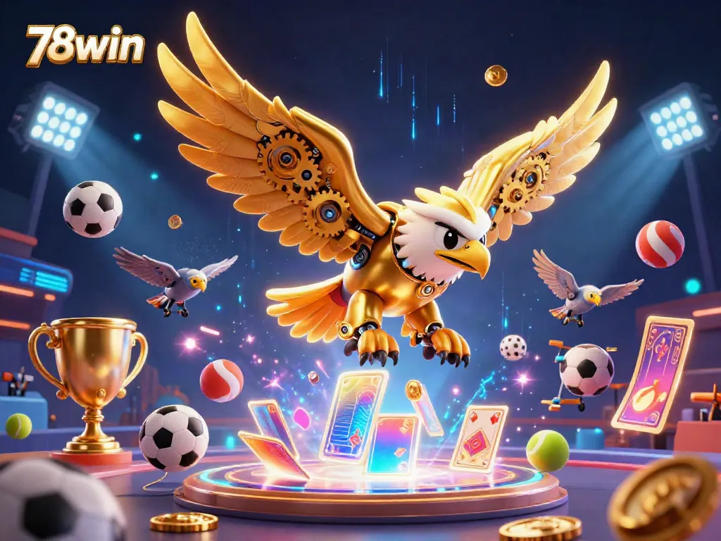 Experience the excitement of 78win's online gaming with a vibrant 3D illustration of sports and casino elements.
