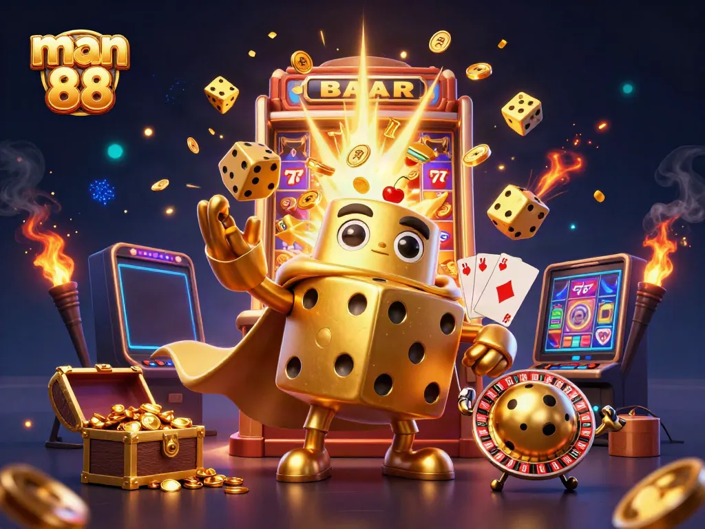 Experience thrilling gameplay with man 88, featuring a golden dice golem, vibrant slot action, and dynamic casino elements.