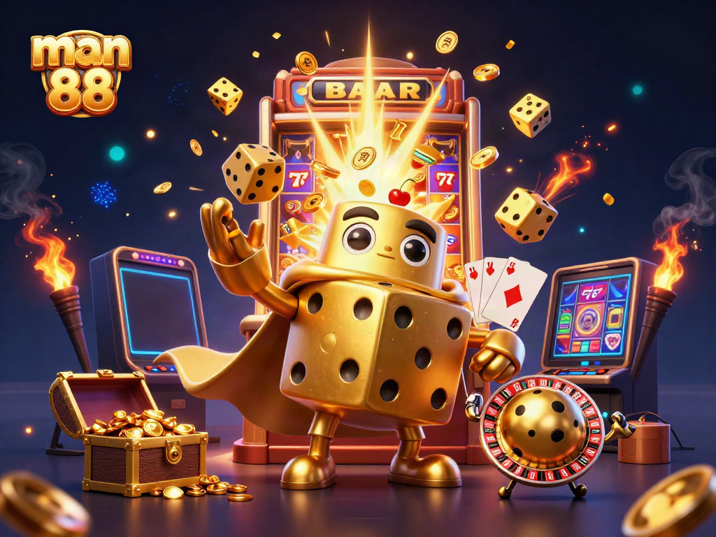Experience thrilling gameplay with man 88, featuring a golden dice golem, vibrant slot action, and dynamic casino elements.