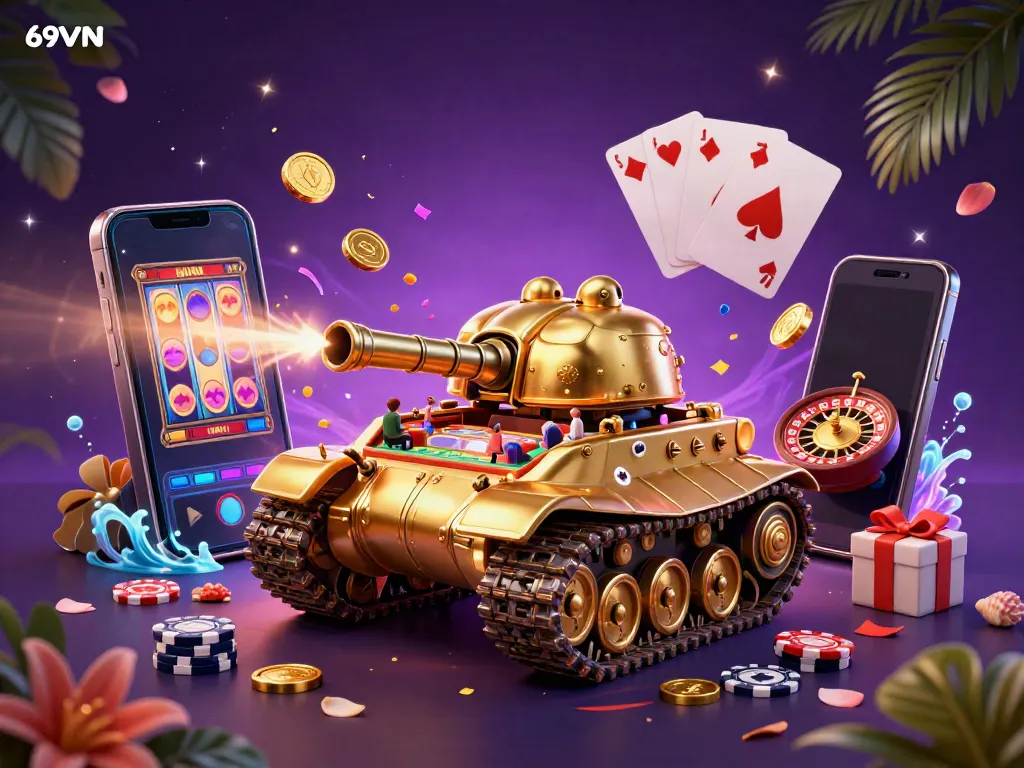 Experience thrilling games at 69VN with the vibrant casino scene bursting with excitement and gold.