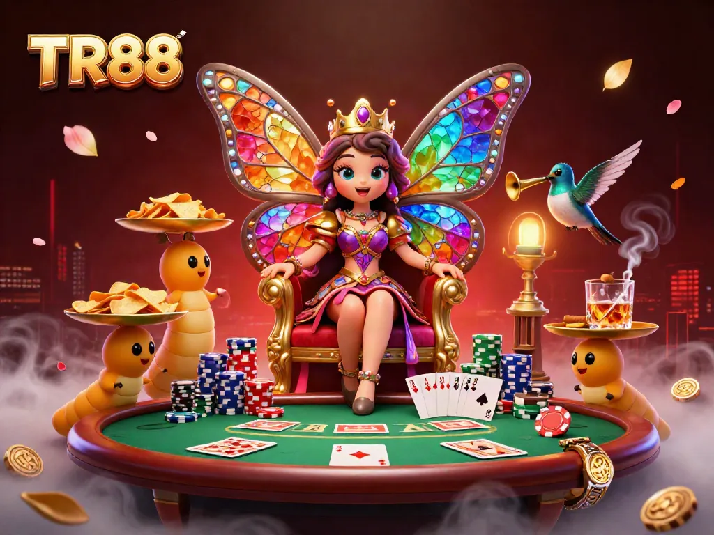 Engage in thrilling poker action at TR88 with a vibrant 3D scene showcasing a butterfly queen and animated casino elements.