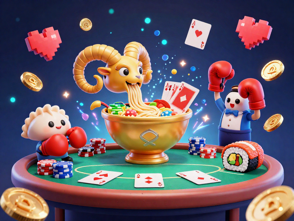 Engage in three-card-poker with animated characters serving cards and stacking chips, vibrant casino atmosphere.