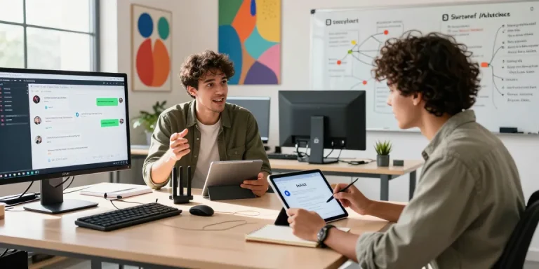 Engaged individuals discussing spicychat in a modern workspace, showcasing AI-driven communication tools.