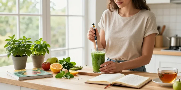THC vape juice scene with natural wellness products in a kitchen, showcasing fresh ingredients and a vape device for health-conscious living.