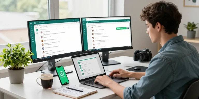 Professional workspace showcasing WhatsApp網頁版 on laptop with smart notifications.