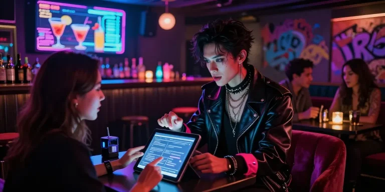 Engaging AI sluts interaction in a vibrant underground lounge, showcasing futuristic character design and nightlife ambiance.