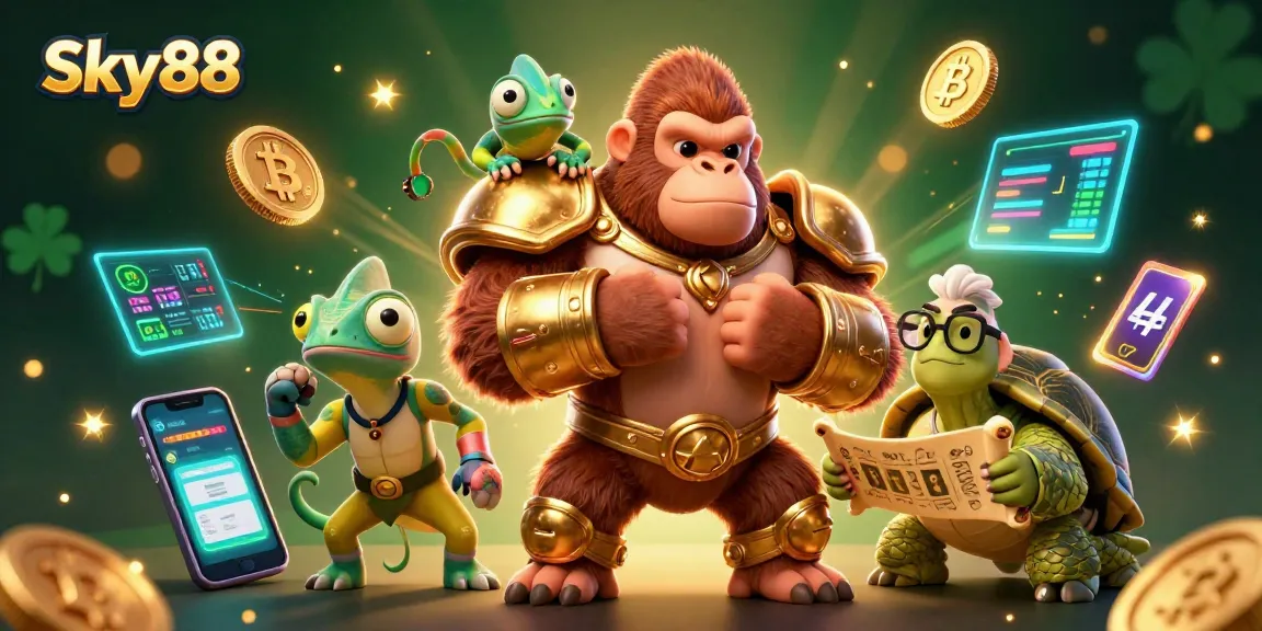 Sky88 showcases a vibrant 3D casino scene with a powerful gorilla king amid crypto elements and gaming excitement.