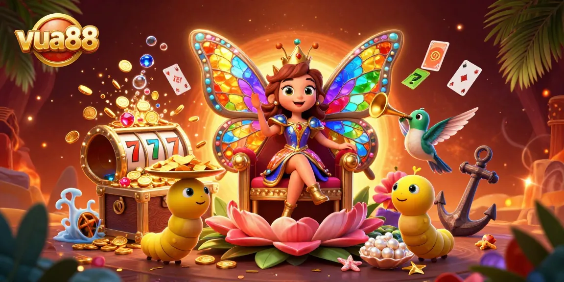 Win big at vua88 with vibrant casino-themed illustration showcasing a butterfly queen in an enchanting gaming scene.