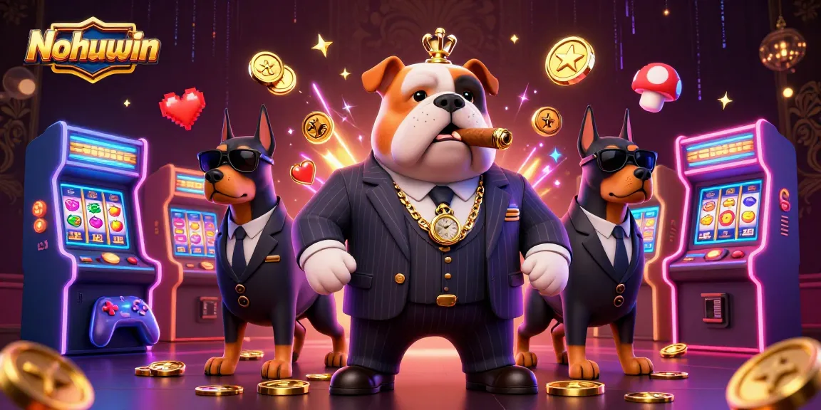 Nohuwin showcases vibrant casino-themed illustration featuring a mafia bulldog surrounded by slot machine elements.