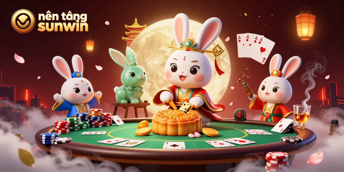 Engage with the vibrant nền tảng sunwin, showcasing a moon rabbit honoring poker traditions amidst golden treasures.