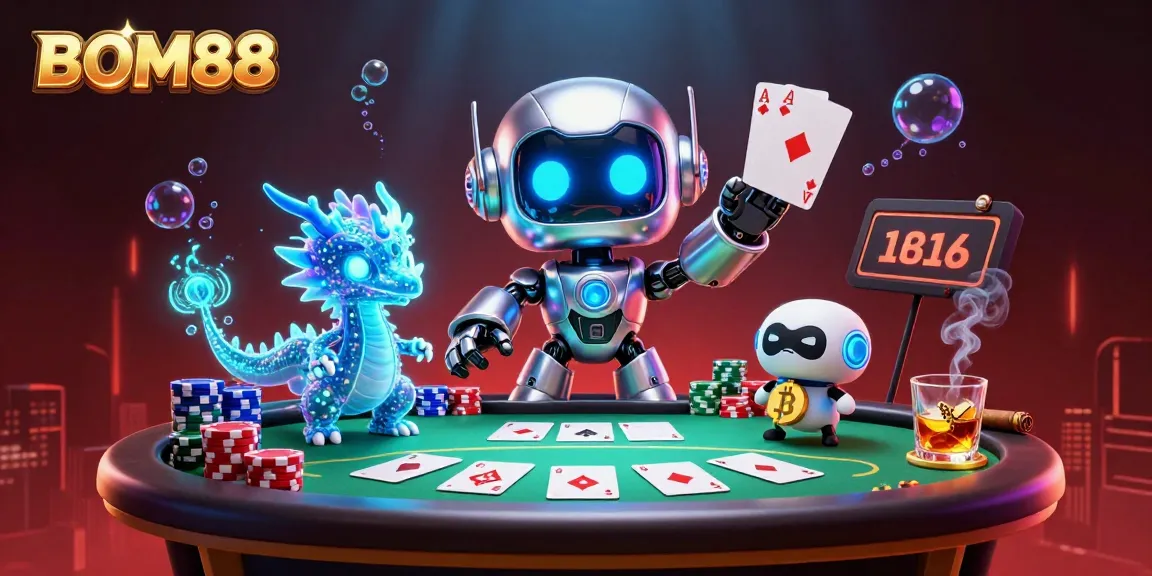 Join the action at BOM88 with a vibrant 3D illustration showcasing a cyberpunk robot and AI companions in a lively casino scene.