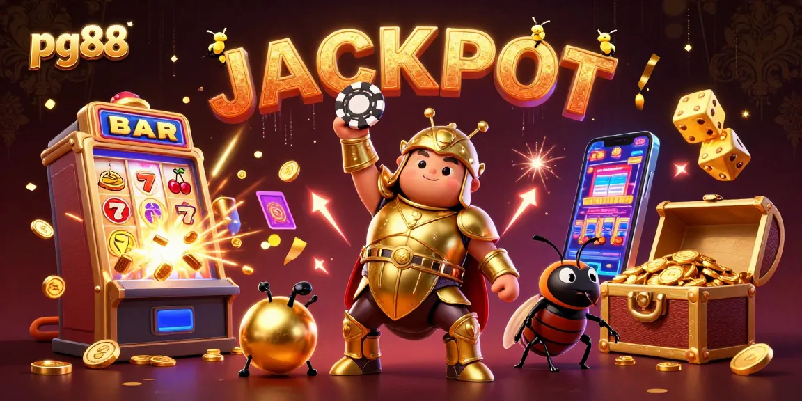 Play exciting games at pg88 with a 3D beetle character celebrating wins amidst casino elements.