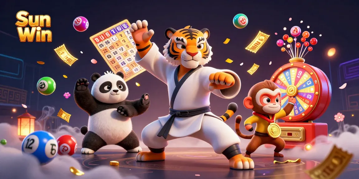 Engage with thrilling gameplay in Sun Win, showcasing lively lottery elements and exciting gaming characters.