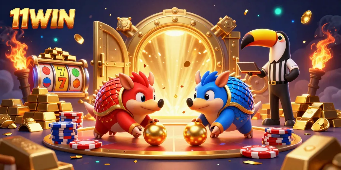 11WIN showcases rival pangolins bowling through poker chips in a vibrant casino setting.