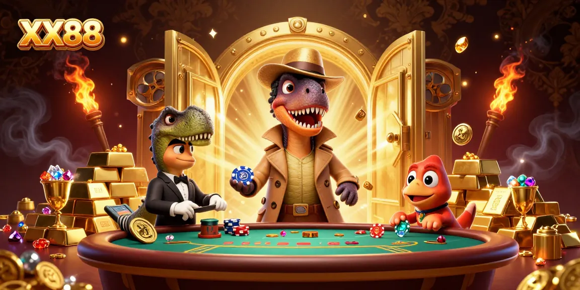 Experience thrilling blackjack action with XX88, featuring a velociraptor card counter and vibrant gold elements.