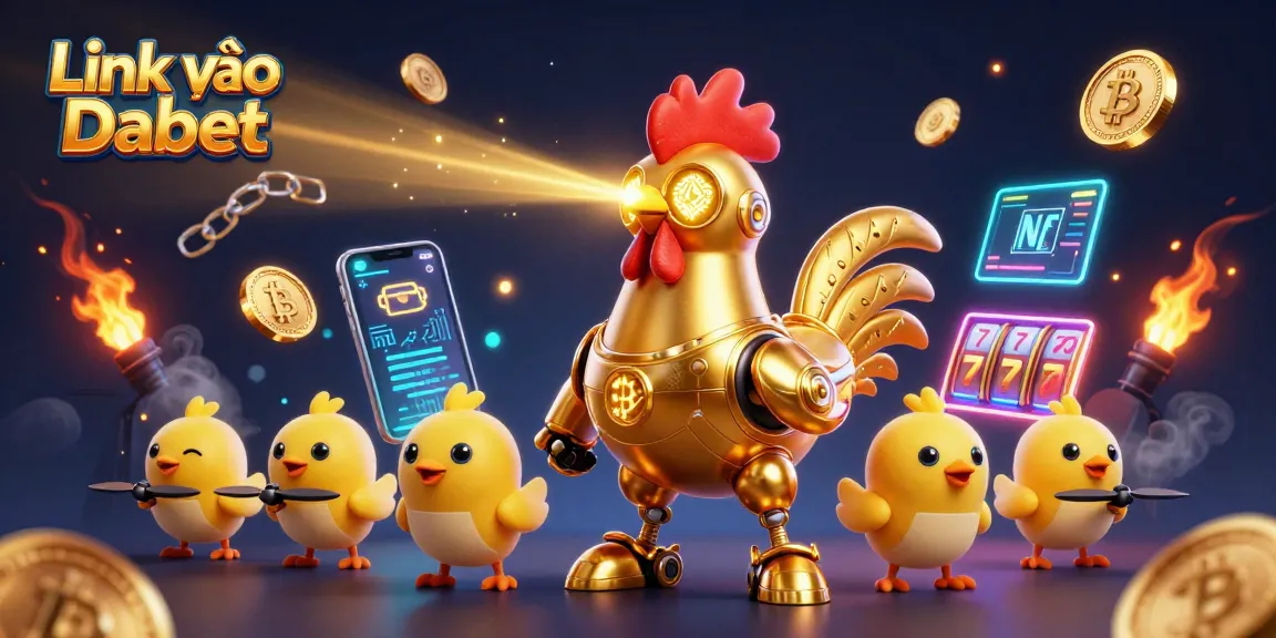 Experience excitement with Link vào Dabet, featuring a golden robot and crypto elements in a vibrant casino setting.