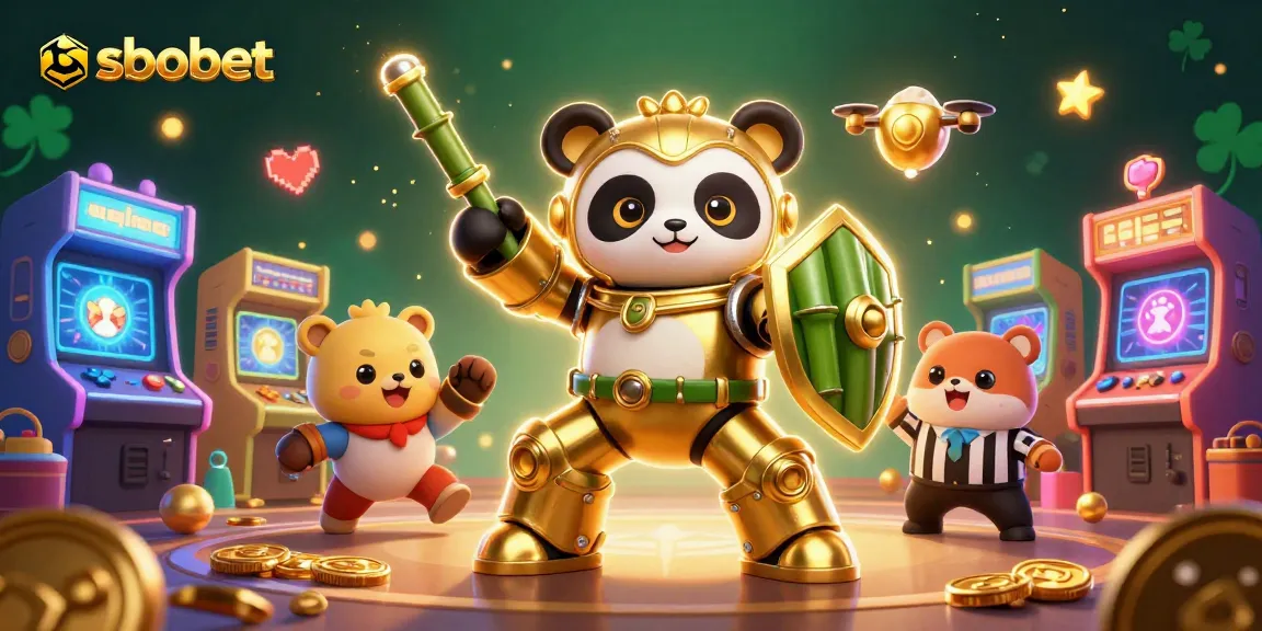 Taruhan sbobet di pertandingan dengan robot berkostum panda emas dan penggemar hewan yang bersorak.