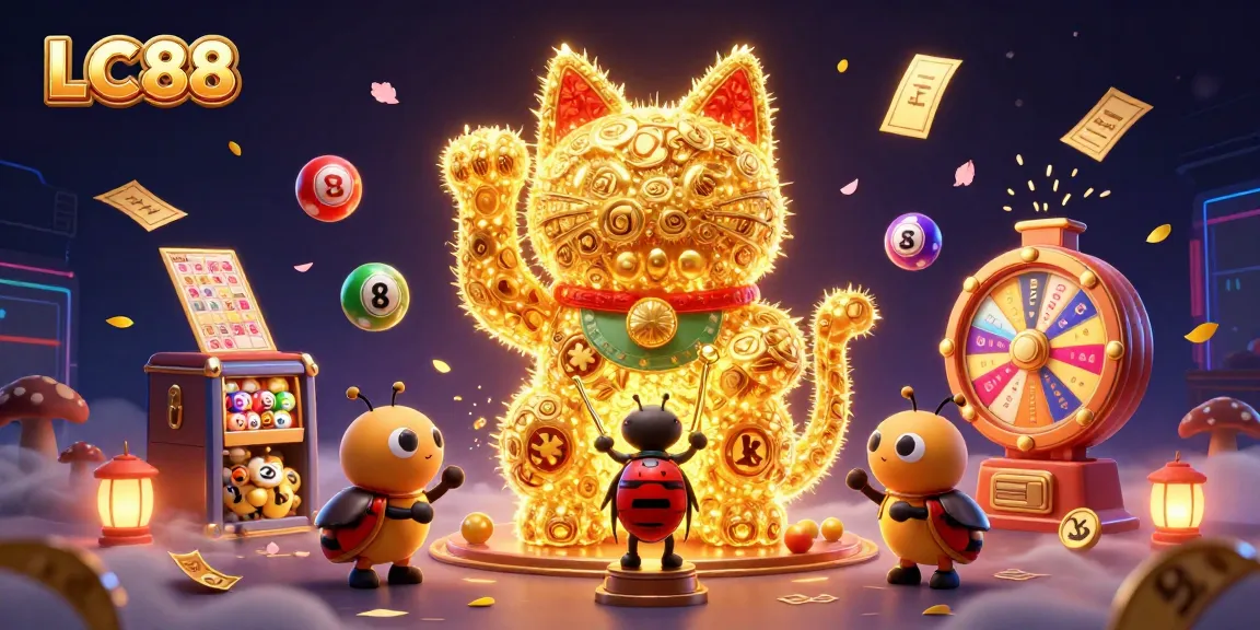 Engage with the thrilling world of LC88 as golden fireflies form a lucky cat amidst vibrant casino symbols.