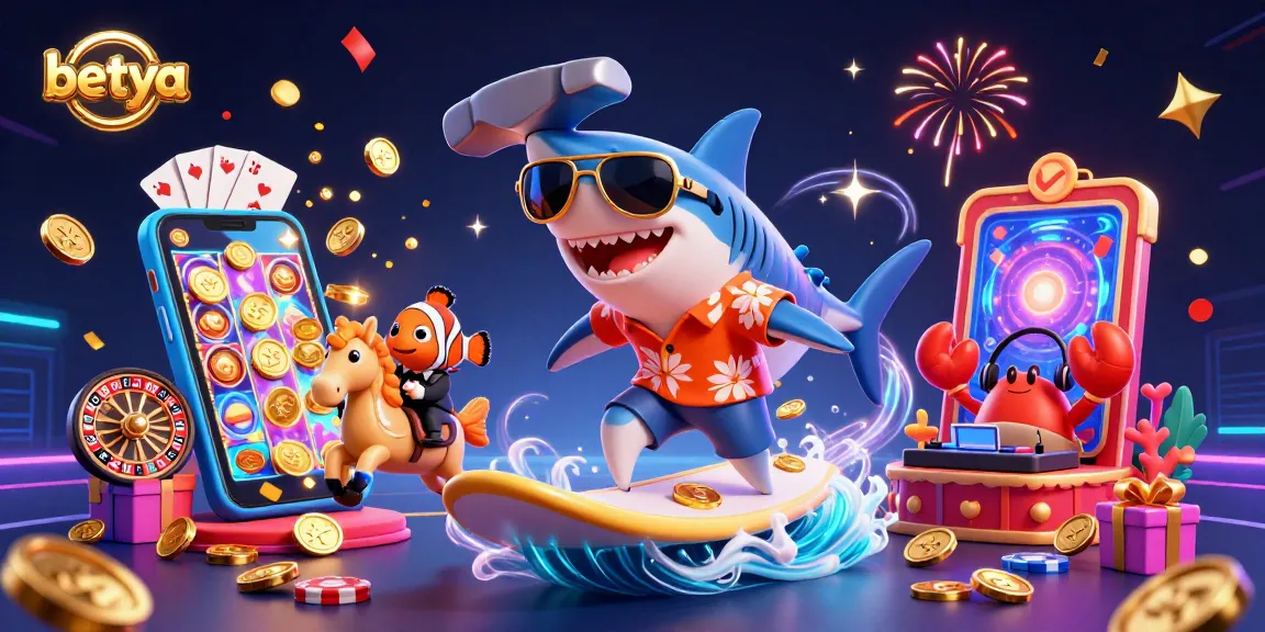Experience the thrill of betya's spirited gaming scene with a shark surfing gold coins.