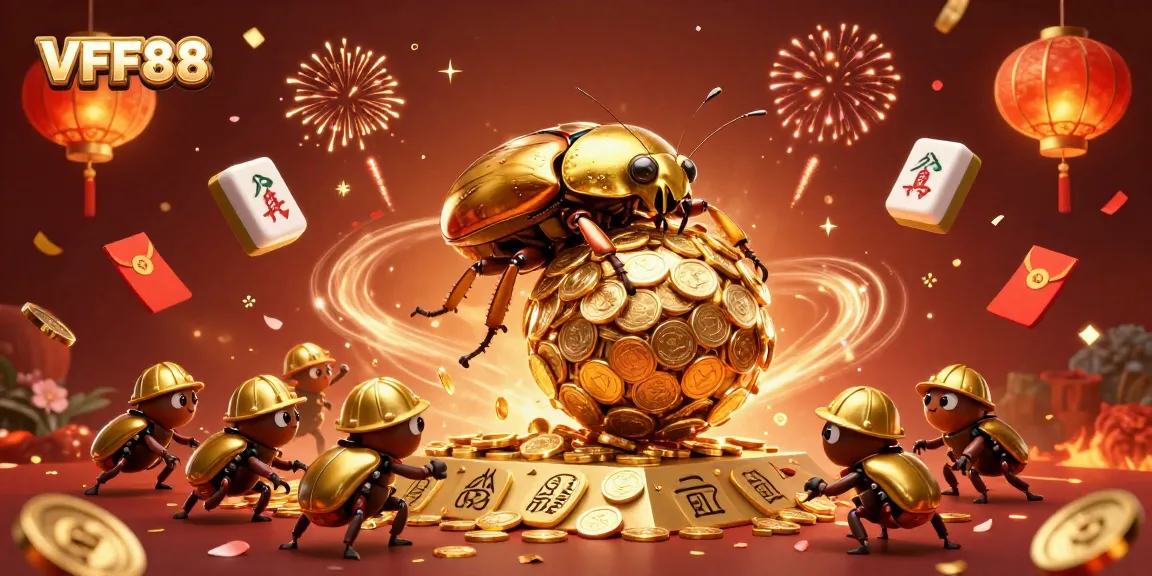 Join the excitement at VFF88 as the golden beetle rolls winning coins at a vibrant online casino.