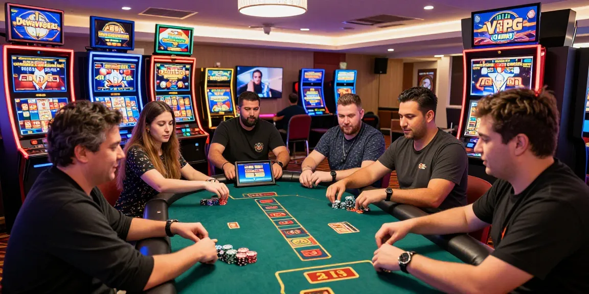 Dewavegas No. 1 Asia casino gaming excitement with players at a live dealer table and colorful slot machines.