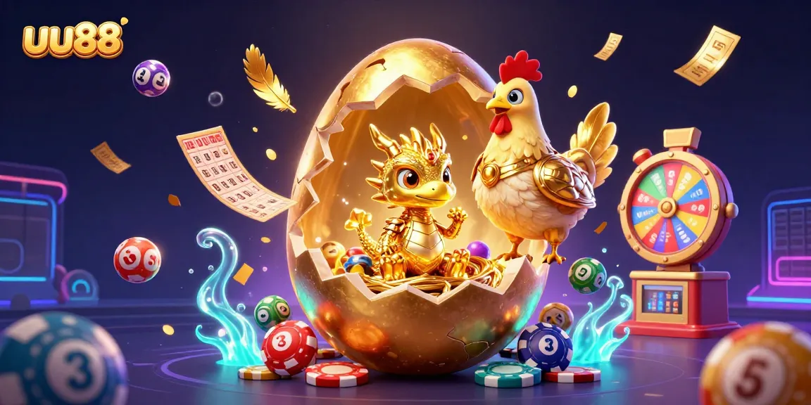 Engage with the thrilling universe of uu88 featuring a golden dragon among poker chips and vibrant lottery elements.