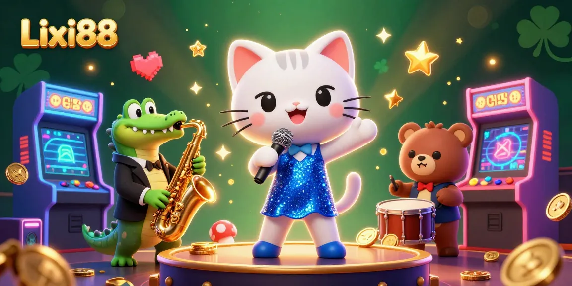 Lixi88 spins the thrill of casino gaming with vibrant 3D characters performing on stage amidst neon arcade elements.