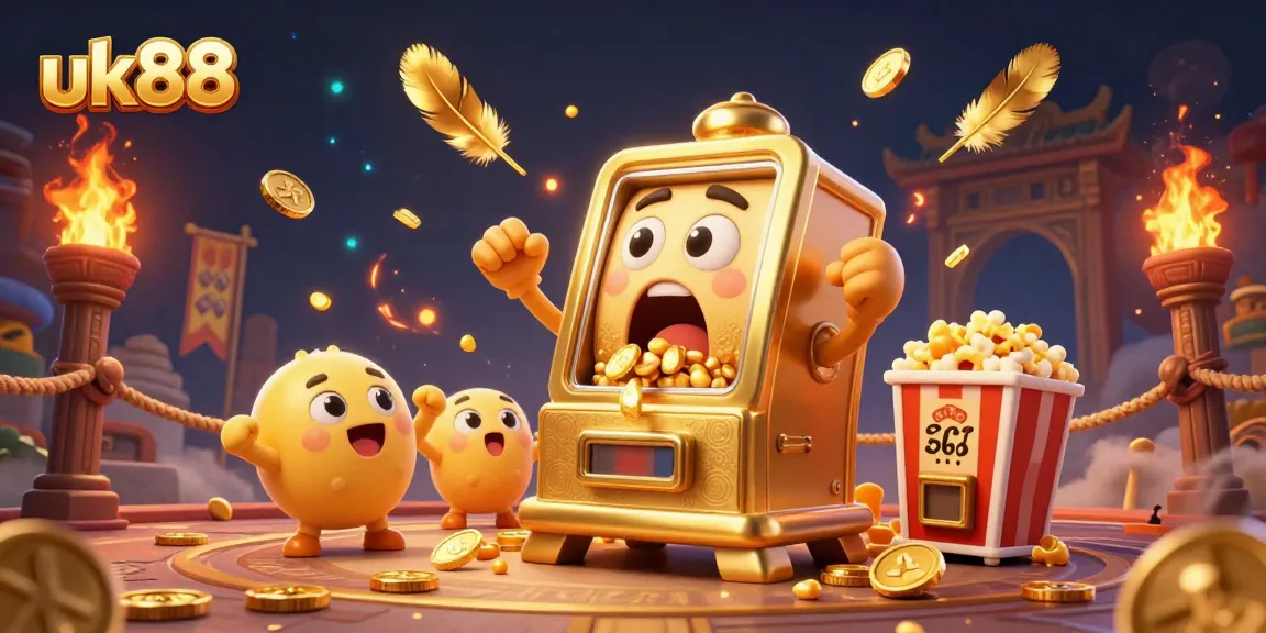 uk88 slot machine celebrating a jackpot win surrounded by gold coins and cheering baby machines.
