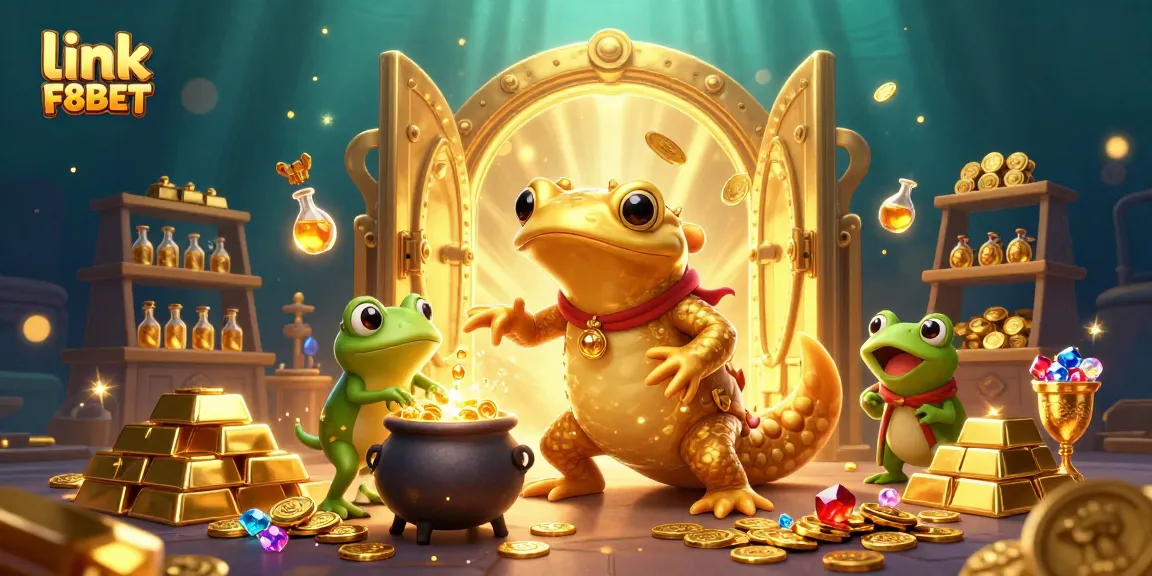 Engage with link F8BET at an exciting casino scene featuring a golden salamander alchemist and game elements.