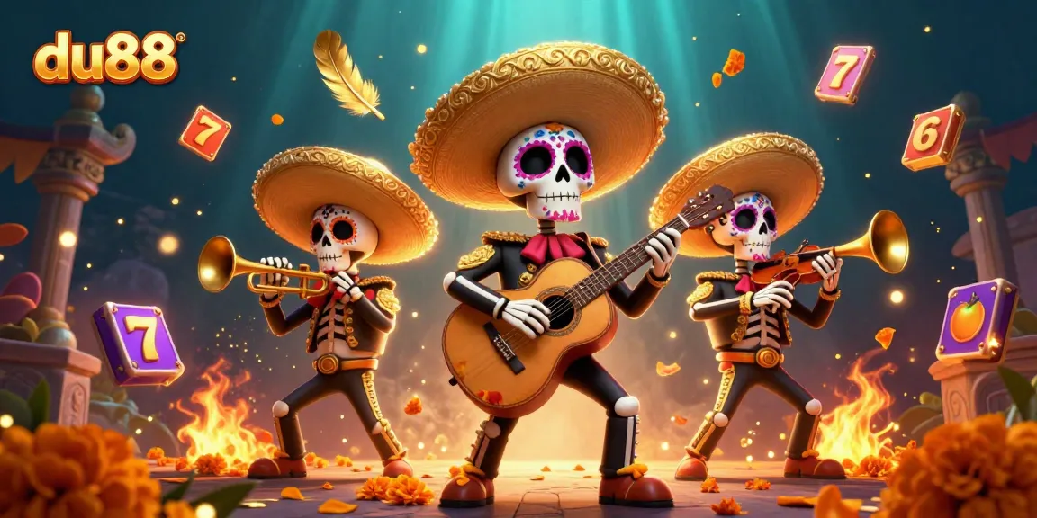 Experience du88's thrilling slot adventure with a mariachi band, golden coins, and vibrant casino elements.