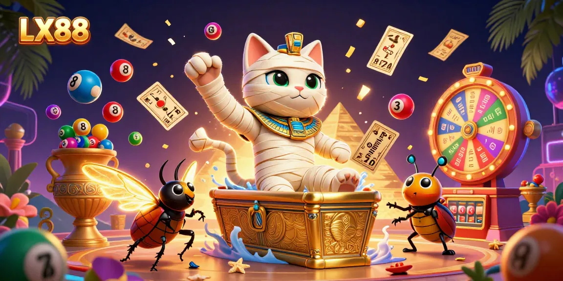 Experience the vibrant LX88 casino world with an Egyptian mummy cat and golden lottery elements.