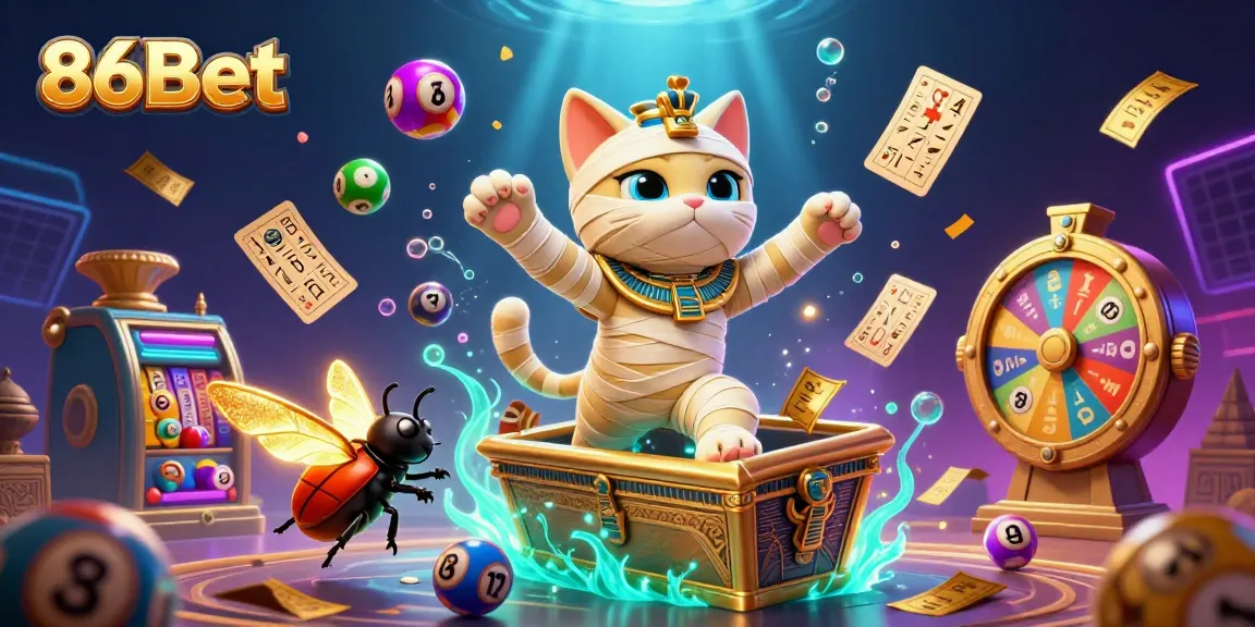 Engage with 86Bet in a vibrant 3D casino scene featuring a mummy cat and golden elements.