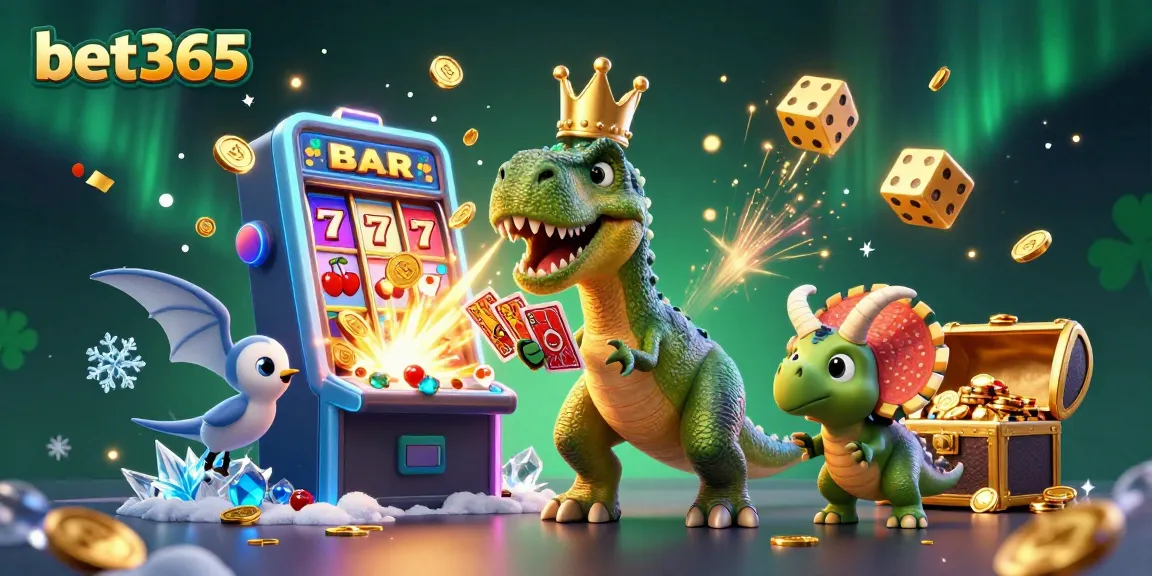 Experience excitement at bet365 featuring a cartoon T-Rex, assistant Pterodactyl, and golden chips!
