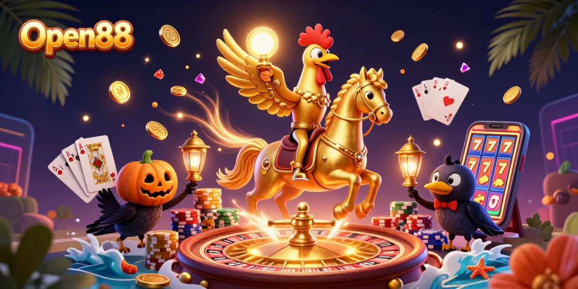 Experience thrilling gameplay at Open88 with a vibrant illustration showcasing exciting casino elements.