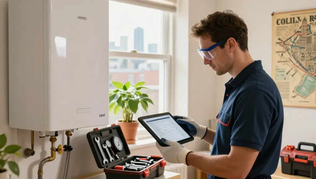 Professional conducting heating services in London, inspecting a boiler for maintenance in a cozy apartment setup.