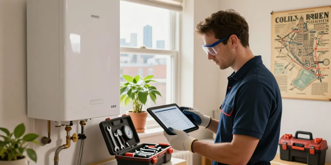 Professional conducting heating services in London, inspecting a boiler for maintenance in a cozy apartment setup.