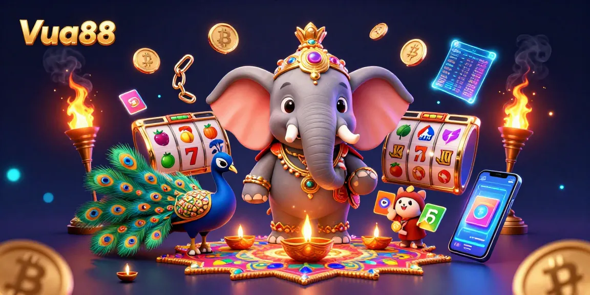 Engage with Vua88's vibrant gaming scene featuring a lively Diwali elephant and crypto-themed elements