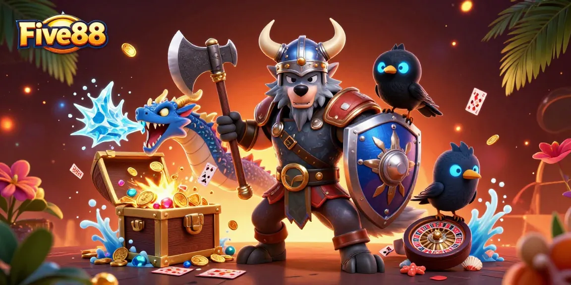 Experience thrilling action at Five88 with a Viking warrior, fierce dragon, and casino elements.