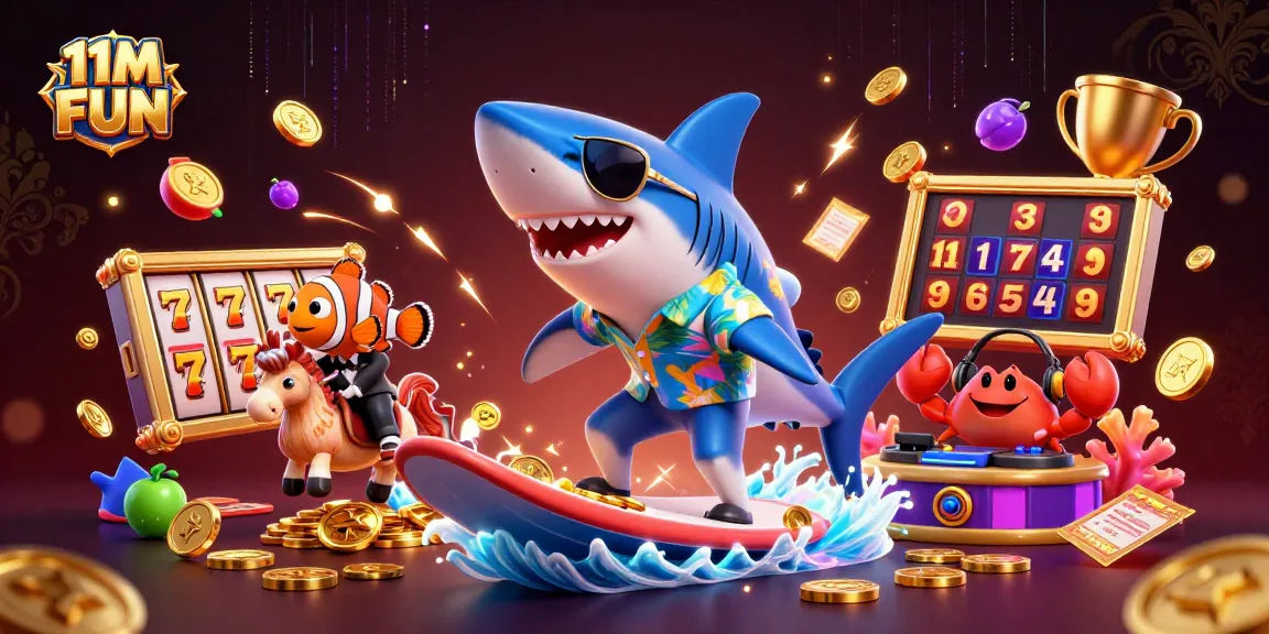 Experience 11M FUN with a vibrant casino-themed scene of a shark surfing on gold coins.