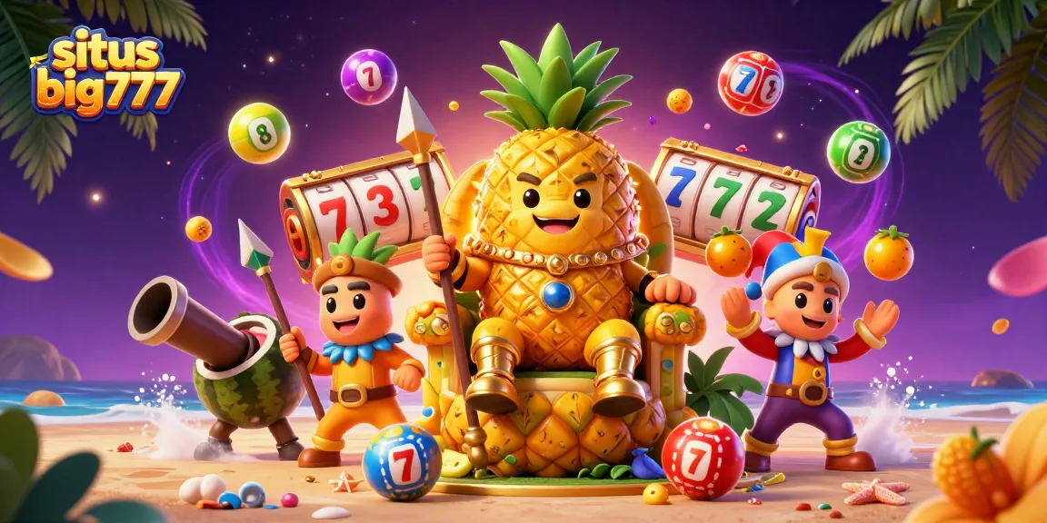 Experience the thrill with situs big777 as vibrant slot games and whimsical characters come to life on a tropical beach casino.