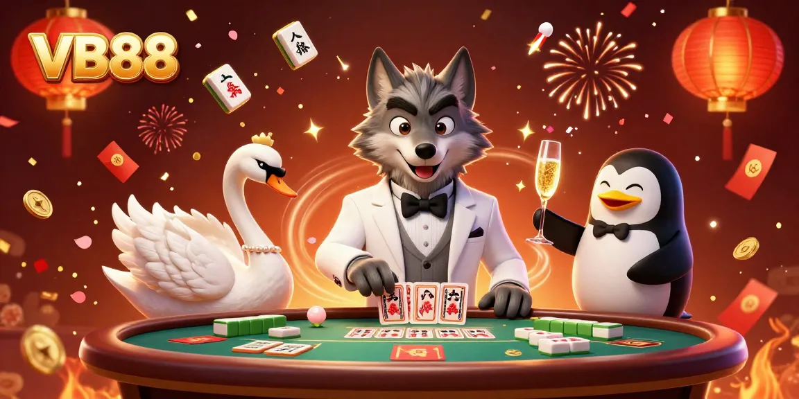 Experience the excitement of VB88 with a debonair wolf and elegant swan at a lively baccarat table.