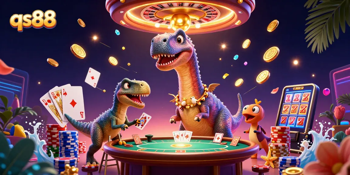 Engage with qs88's thrilling 3D casino illustration, featuring a playful brontosaurus and clever raptor in a vibrant gaming scene.