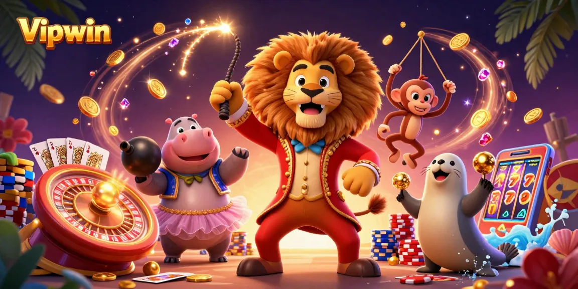 Join the excitement at Vipwin with vibrant casino action featuring a 3D cartoon lion and dazzling gaming elements.
