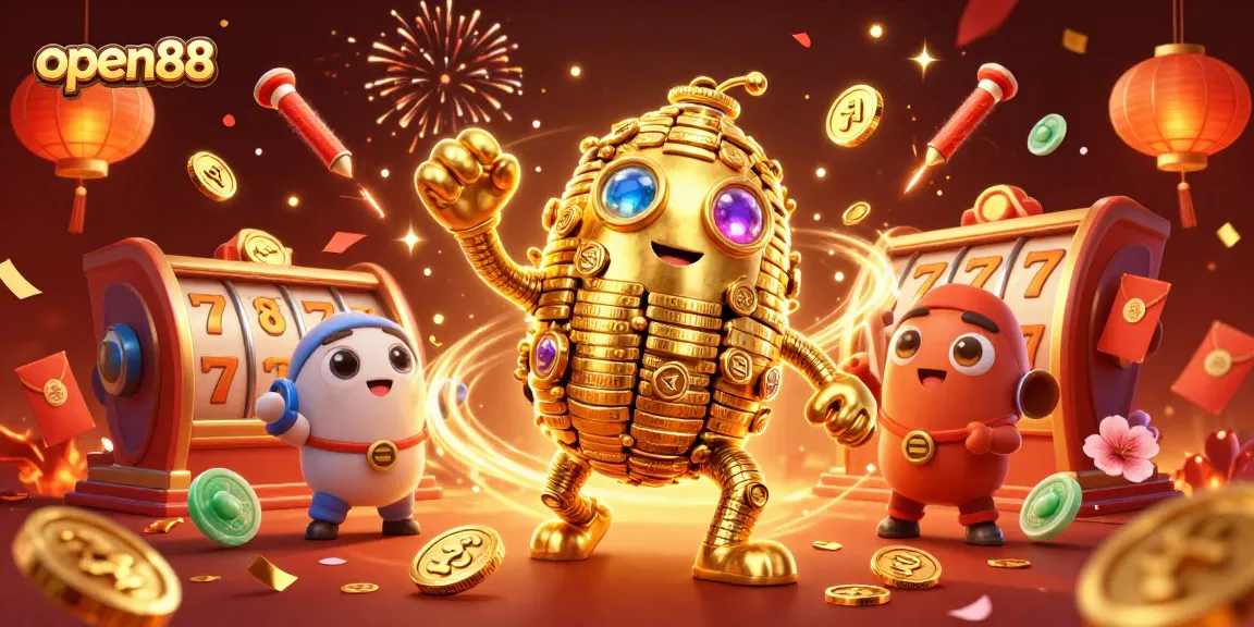 Engage with open88's vibrant casino experience featuring a golden golem and winning slot symbols.